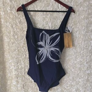 Gottex Navy Blue One Piece Swimsuit with Floral Design Size 16
